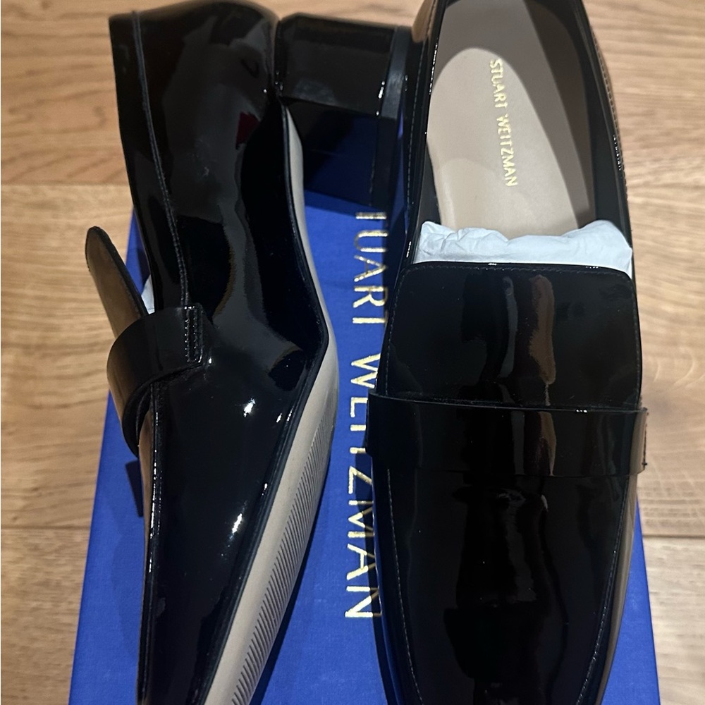 NWT Stuart Weitzman Black Patent Wylie 45 Block Loafers